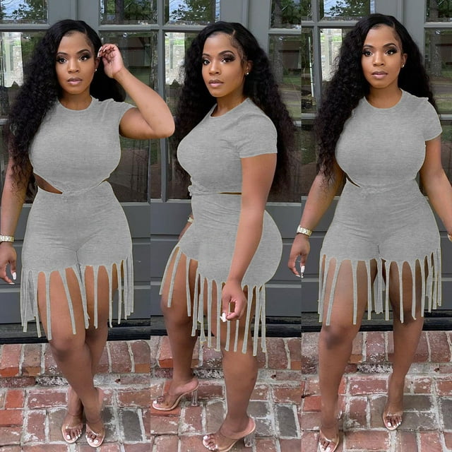 ITFABS Sports Outfits Short Sleeve Knot Crop Top + Fringe Fifth Pants