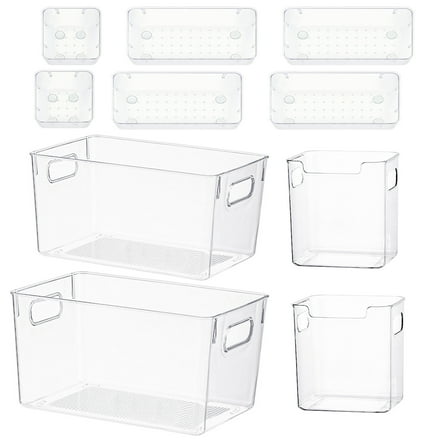 10Pcs Plastic Pantry Organization and Storage Bins with Drawer Organizers Clear Fridge Organizer for Kitchen Snack Cabinet Freezer Countertops