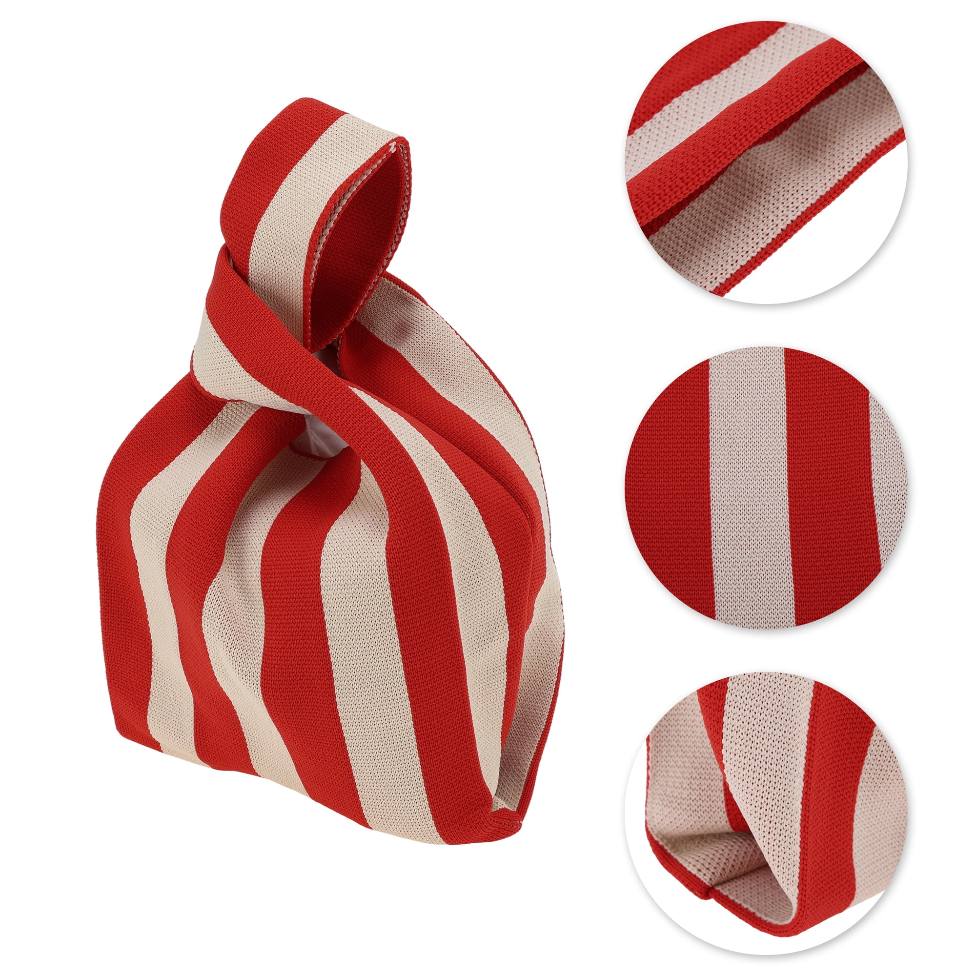 Unique Bargains Vertical Stripes Knitted Wrist Bag Beige Red 1 Pc
