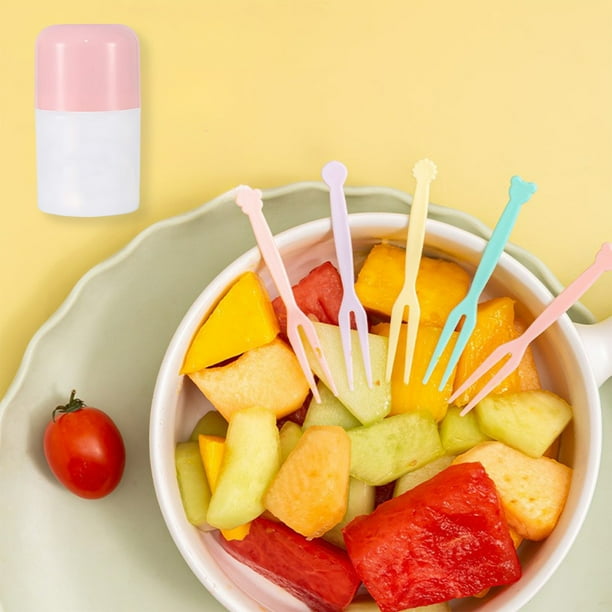 Juego de tenedores de plástico para fruta, brochetas de 2 puntas para postres y fiestas, mini tenedores duraderos sin BPA para frutas y pasteles, paquete de 100 unidades para entretenimiento
