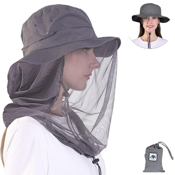 KANCOKIT Mosquito Head Net Hat , Wide Brim Safari Hat, UPF 50  Sun Protection Boonie Hats for Men Women Fishing Hiking