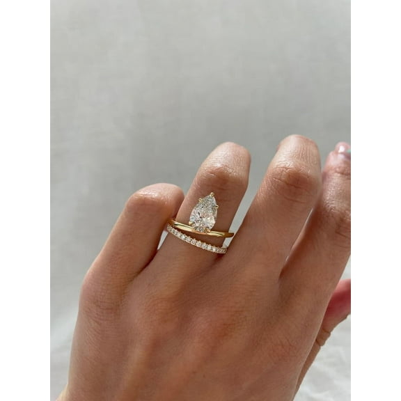 SOLITAIRE JEWELS 2.50CT Pear Cut Moissanite Double Band Engagement Ring for Women Solid 10k Yellow Gold