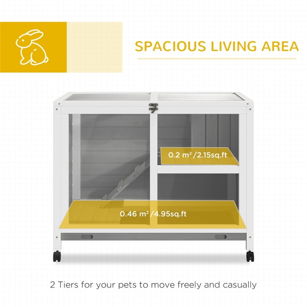 Kepooman 2 Tier Solid Wooden Rabbit Cage with 2 Transparent Rooms for Real Time Observation of Pet Status, Indoor Outdoor Rabbit Cage Guinea Pig Cage Small Animal Pet House, Gray