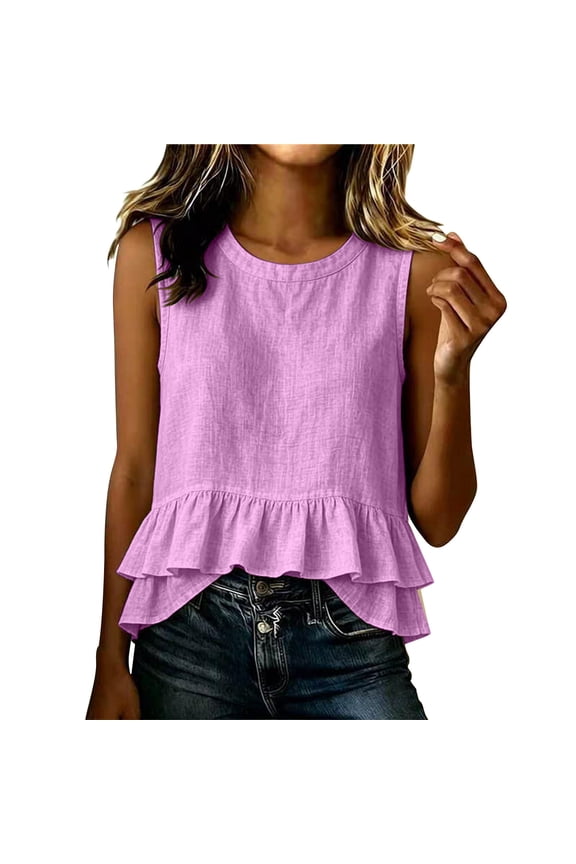 Womens Round Neck Ruffle Hem Tanks Relaxed Fit Sleeveless Top Casual Peplum Blouse