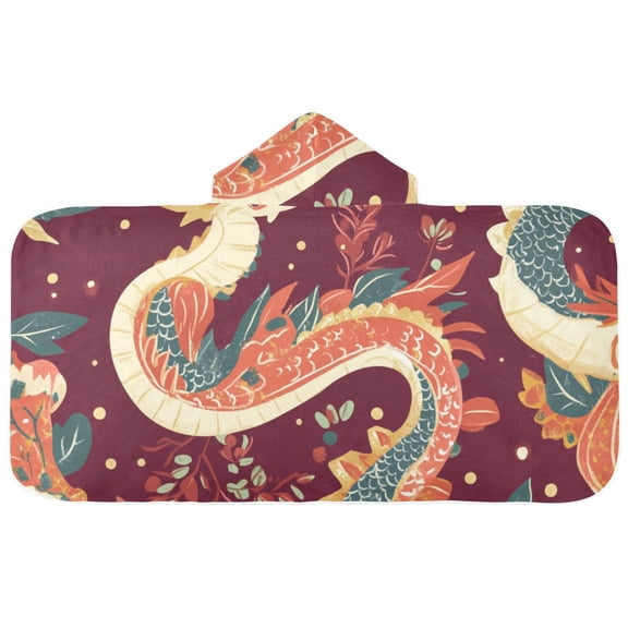 Cute Red Dragon Hooded Beach Towel Kids Bath Towels Quick Dry for Pool Swiming 50" x 23.5" Microfiber Soft Bathrobe