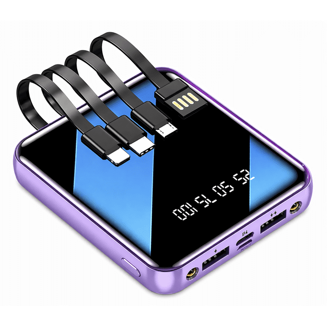Power Bank 20000mAh 3 en 1 con Linterna Display LED USB C V8 Violeta Portátil para Celular