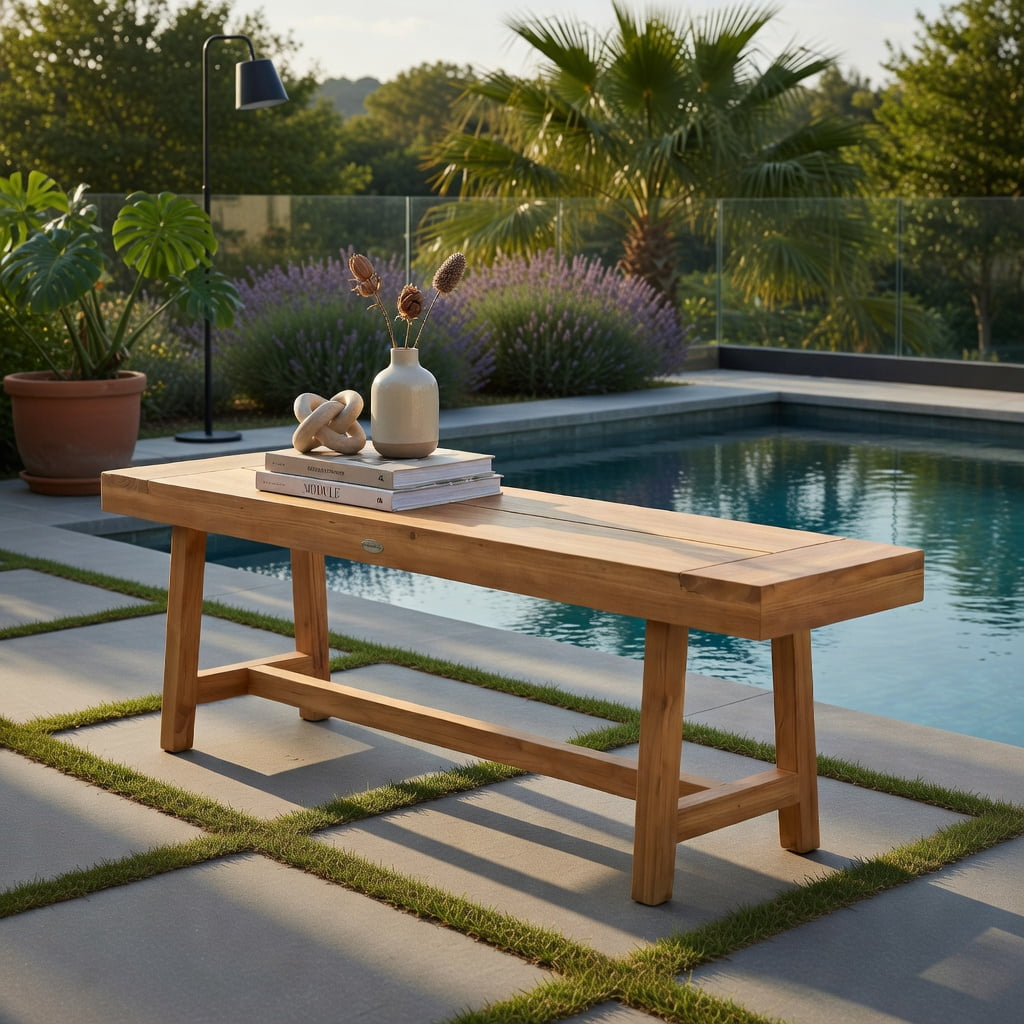 Hommoo 63" Teak Wood Bench, Sturdy Natural Solid Wood Seating for Dining Room, Entryway or Bedroom, Natural