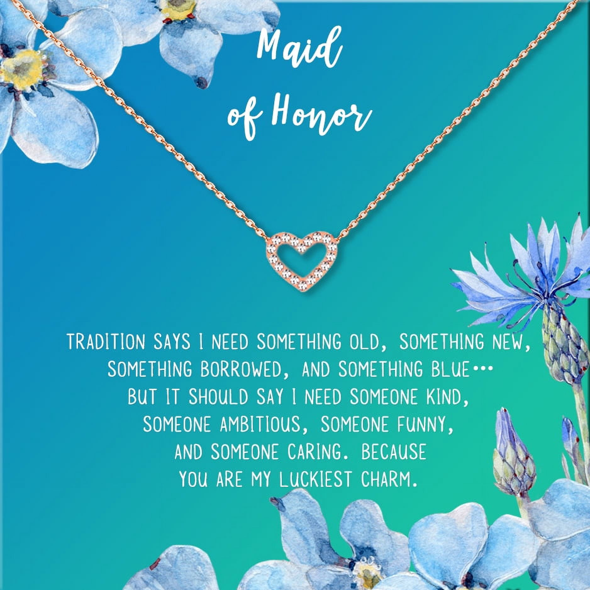 Anavia Maid of Honor Necklace Gift, Maid of Honor Sister Gift, Maid Of Honor Card for Girls, Wedding Gifts Jewelry Necklace-[Rose Gold Mini Crystal Heart, Bright Blue Gift Card]