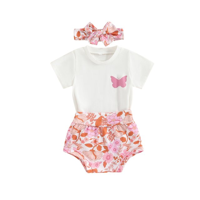 EYIIYE Ensemble de Shorts d'Été pour Bébé Fille 0-2 Ans T-shirt à Manches Courtes Imprimé Papillon Col Rond Hauts Imprimé Fleur Shorts Bandeau Tenue Florale Décontractée Mignonne