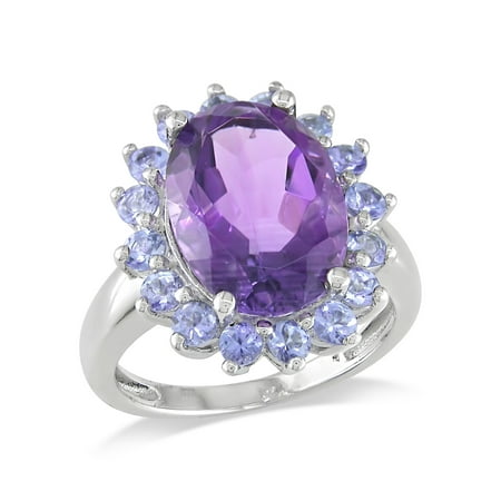 - 5-7/8 Carat T.G.W. Oval Amethyst and Tanzanite Cocktail Ring in Sterling Silver