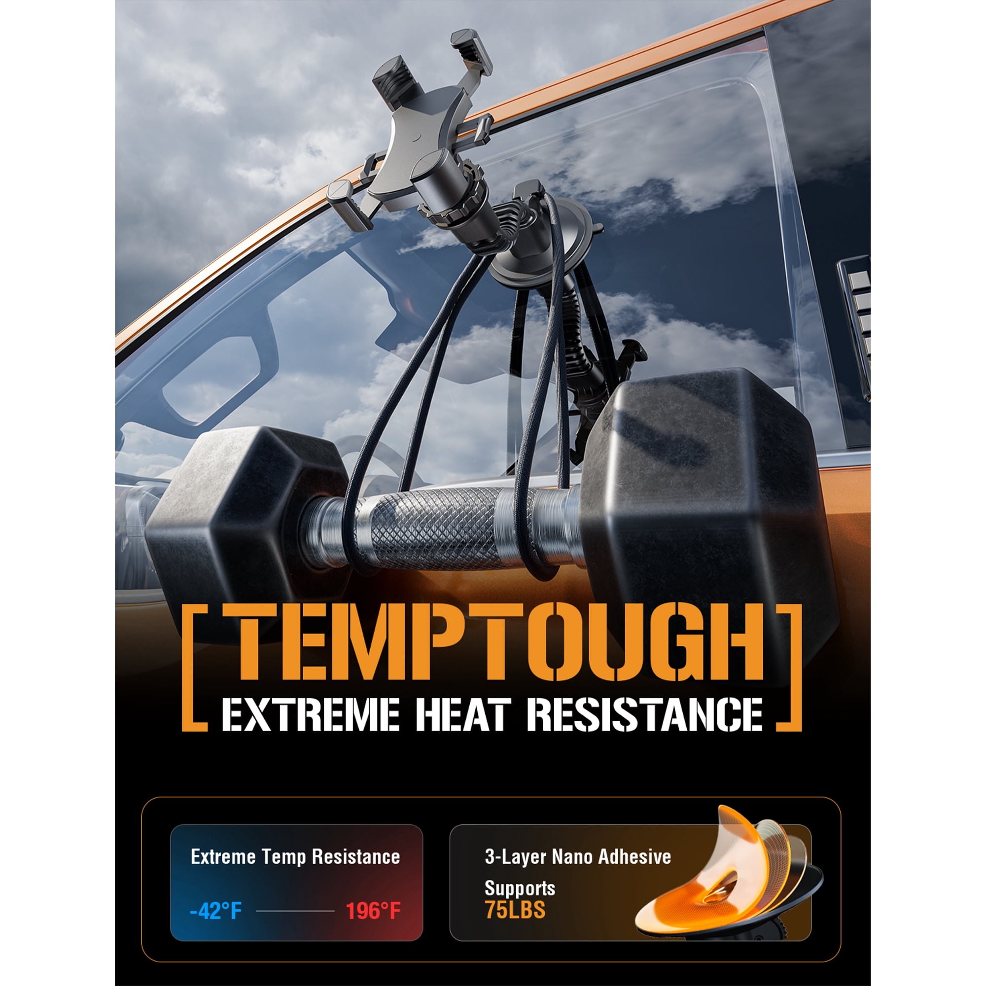 ToughTested Mammoth Windshield Phone Mount with Double-Ribbed Gooseneck, Extra-Large 4.25” Suction Cup, 4-Way Locking Claw Grip, 360° Rotation & One-Button Release