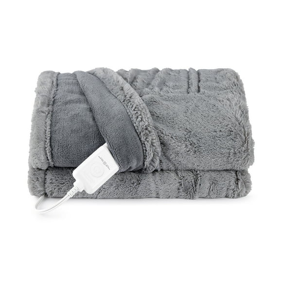 Sunbeam Heated Throw Blanket Faux Fur Ultra Silky 4 Heat Settings Auto-Off Light Grey 50 x 60, SUNBEAM TH SB FAUX/PLSH GREY