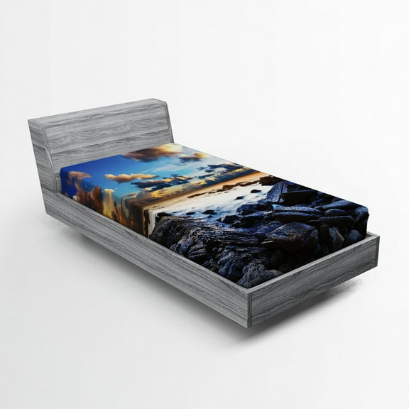 Ambesonne Ocean Fitted Sheet, Full Moon Dark Clouds, Twin Size, Blue Orange Black