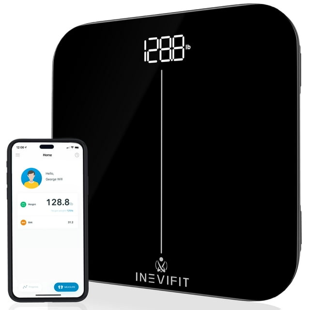Báscula de baño inteligente premium INEVIFIT, báscula digital de baño con Bluetooth de alta precisión, mide el peso y el IMC con precisión para un número ilimitado de usuarios.