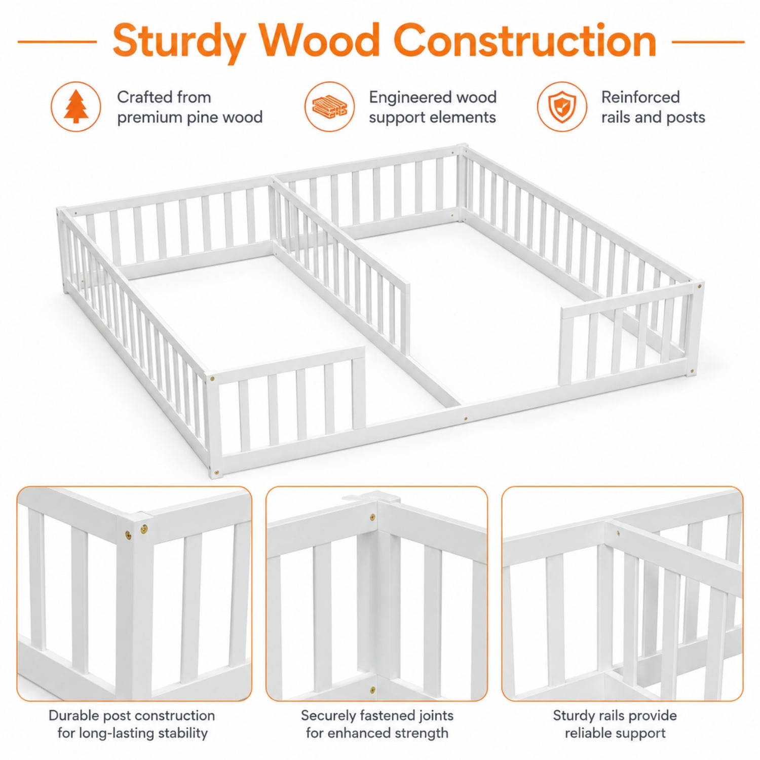 Miniyam Double Twin Floor Bed for Kids, Wood Bed Frame with Guardrails, Low Profile Design, White