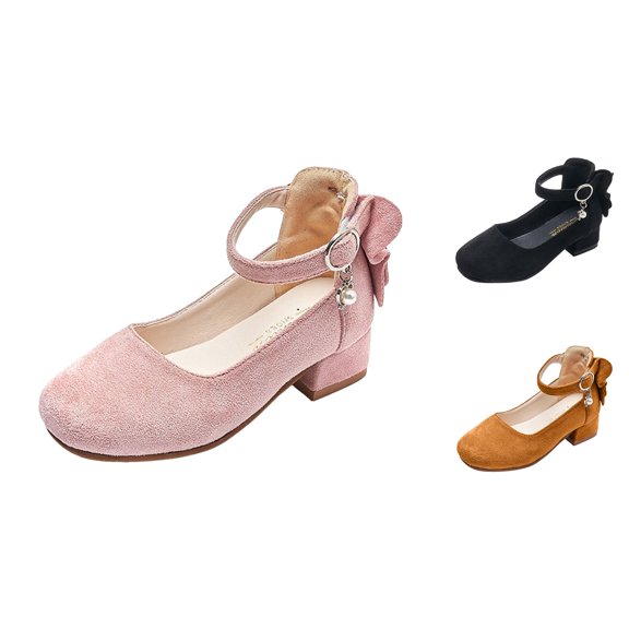 Gyujnb Girls Block Heel Shoes Bow Back Ankle Strap Princess Shoes for Wedding and Party,11-11.5 Years