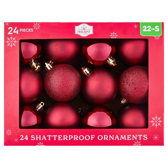 24-Count Burgundy Ball Shatterproof Christmas Ornaments, 2.8", by Holiday Time