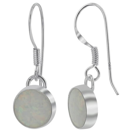 Created White Opal Stone - Gem Avenue 925 Sterling Silver Round Shape Created White Opal French Wire Hook Drop Earrings