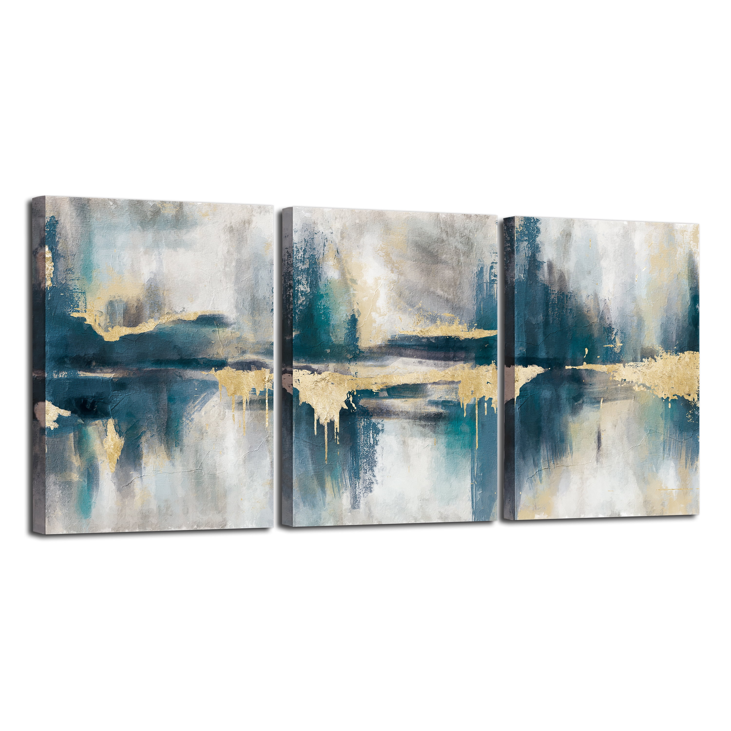 ArtbyHannah Pieces 12x16 inch Modern Abstract Wall Art Decor, Blue Canvas  Wall Print Set with Gold Foils for Living Room
