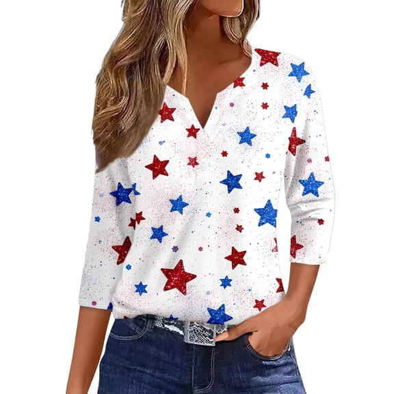 3/4 Sleeve T Shirts for Women Plus Size Stars and Stripes 250th Anniversary USA Print Split Neck Oversized Tunic Summer Casual Fashion Tee White L