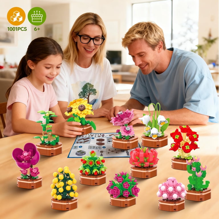 OKKIDY, 12 Pack Flower Succulent Building Bricks Set, 1001 Pcs DIY
