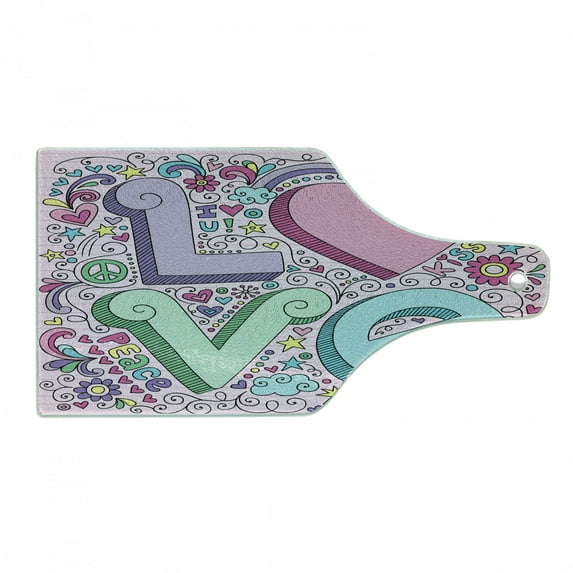 Love Cutting Board, Hand Drawn 3D Love Lettering Psychedelic Goorvy Sixties Inspired Design Peace Kiss U, Tempered Glass Cutting and Serving Board, Wine Bottle Shape, Multicolor, by Ambesonne