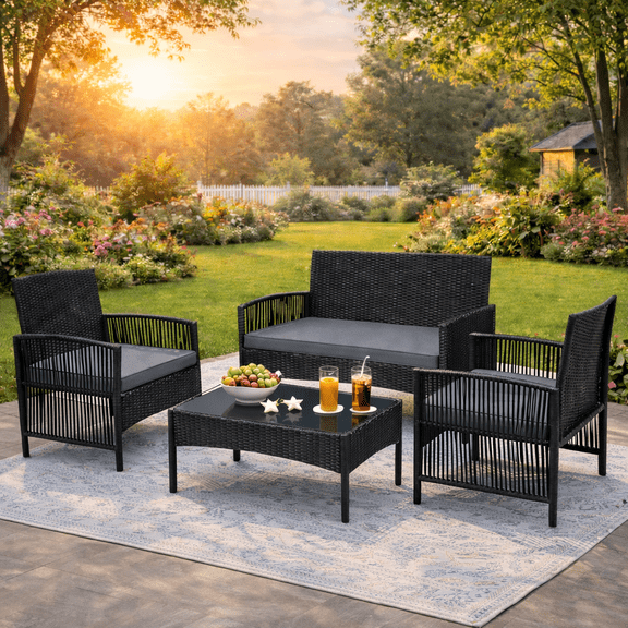 Outdoor Furniture Set, Segmart 4 Pieces Rattan Patio Sofa Set Cushioned Sofa & Charis, Deck Porch Poolside Furniture Conversation Set for 4 with Coffee Table, Gray