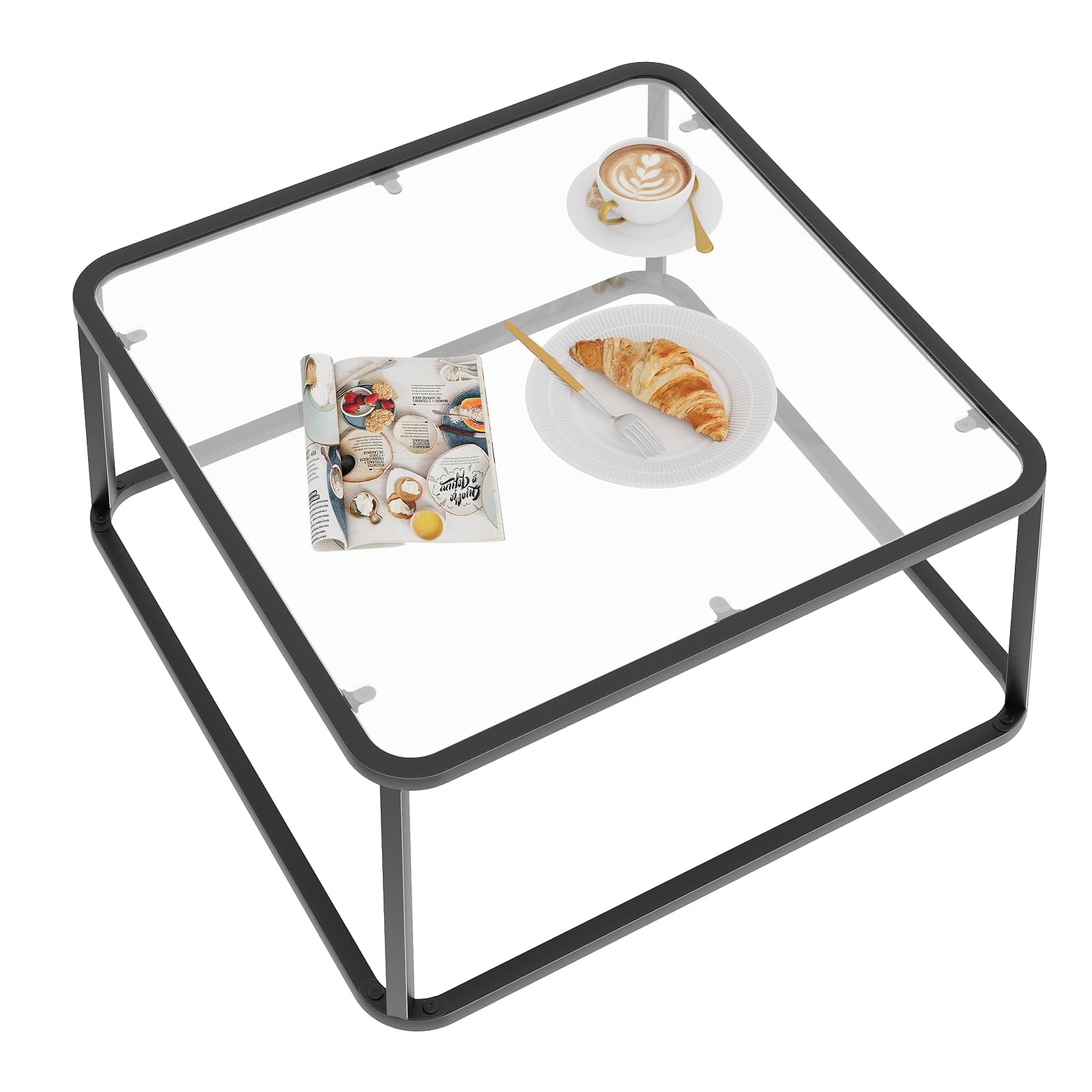 Coffee Table Glass, Minimalist Square Tables for Living Room, Modern Center Table for Office or Small Space, Tempered Glass, Sturdy Metal Frame, Easy Assembly, 26.4 x 26.4 x 15.7 Inches, Black