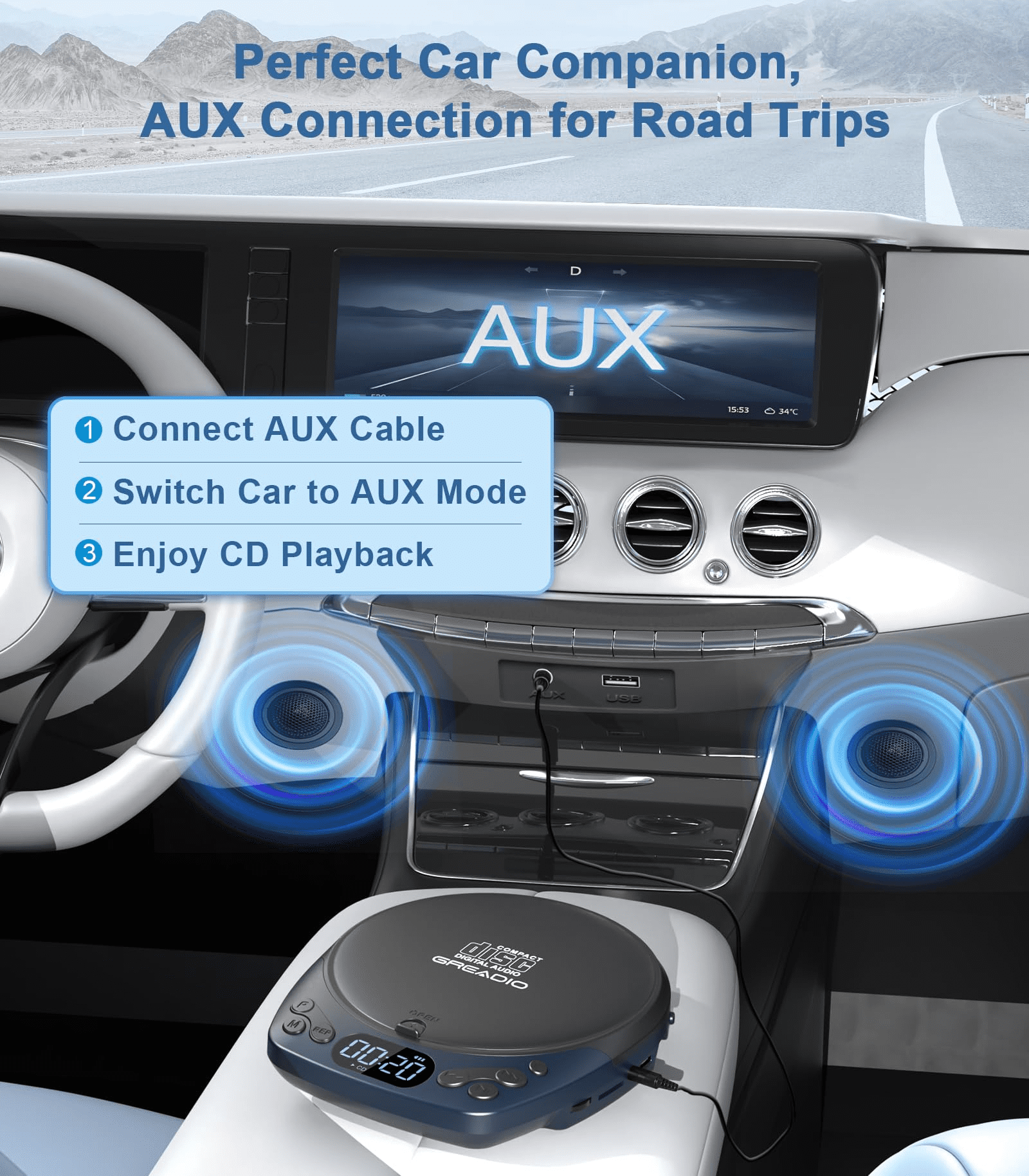 Greadio Portable CD Player with Headphones, Rechargeable Discman CD Player for Car & Home, Supports CD/MP3/WMA/TF Card/AUX, Backlit/Lock/Programmable/Timer