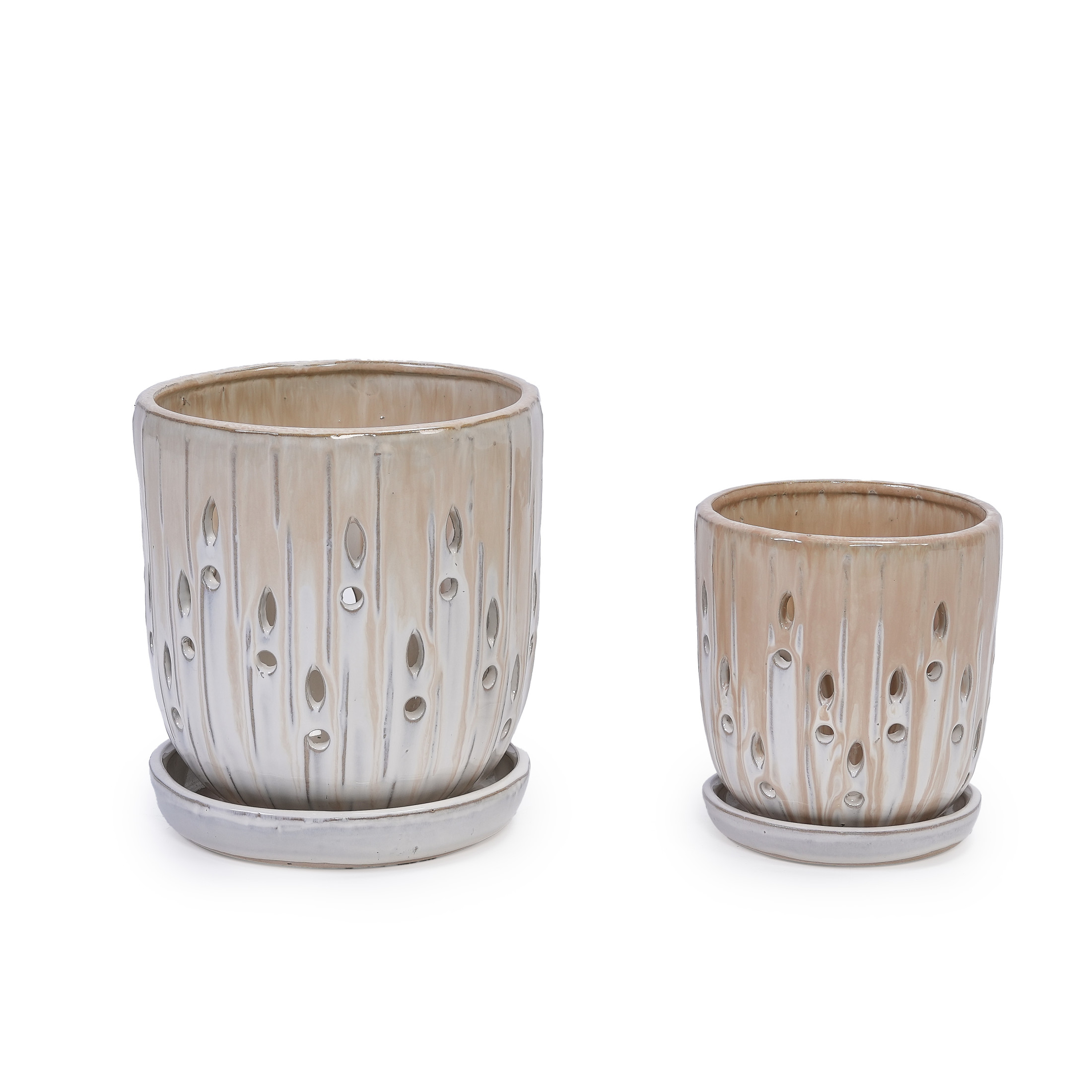 Noble House Katherine Striped Ceramic Planter Set, Weather-Resistant Flowerpots with Drainage Hole, Set of 2, Brown + White