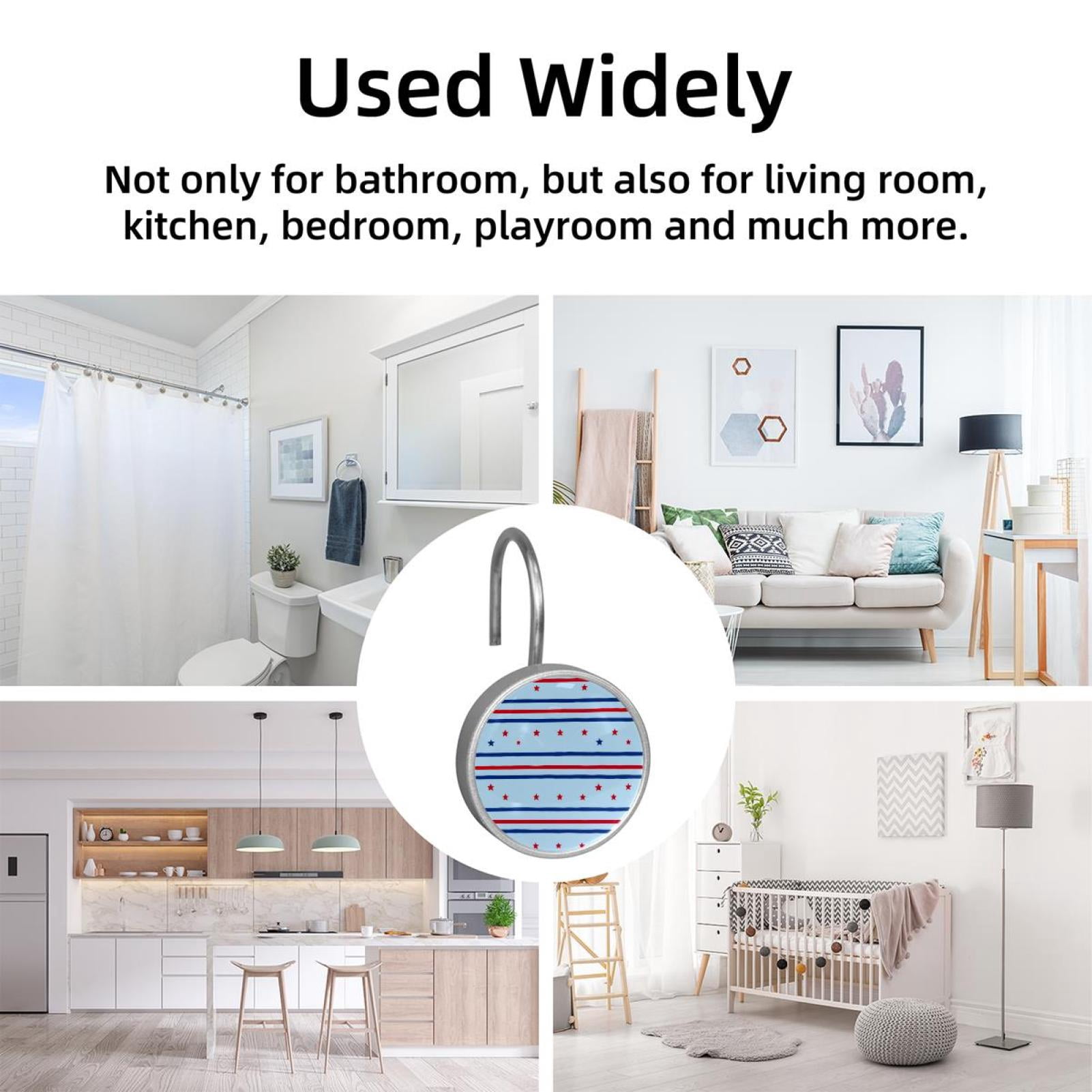 12pcs Decorative Shower Curtain Hooks, Rust Resistant Shower Rings for Bathroom Living Room,Rustproof Stainless Steel Rings for Shower Curtain and Liner Rods,4th of July Stars Line