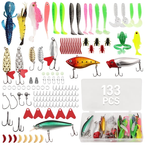 Style-Carry 133 Pieces Mixed Fishing Lures Tackle Kit Hard Lures Soft Crankbait Frog Shrimp Baits with Storage Box for Bass Panfish Trout Freshwater Saltwater Fishing