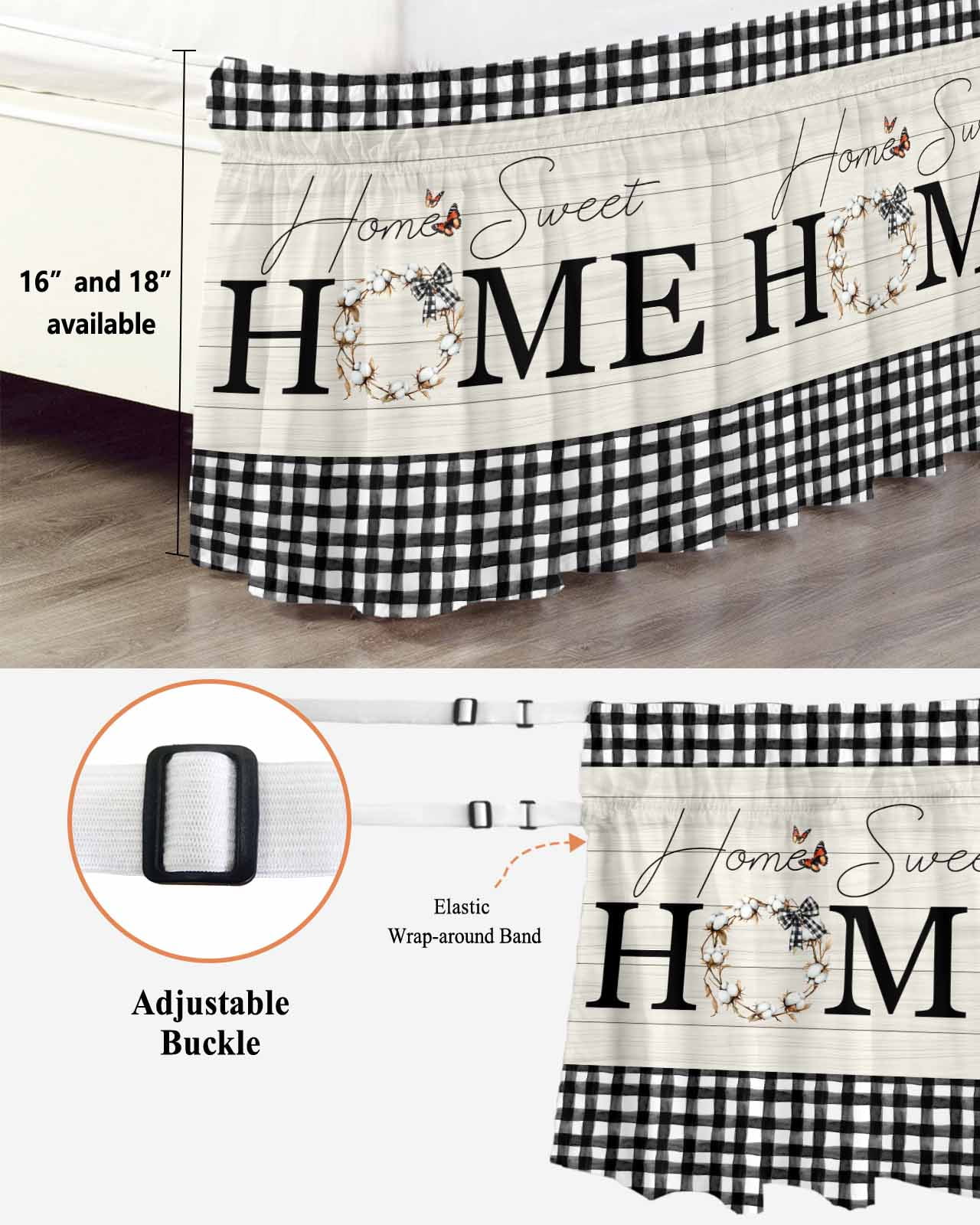Farmhouse Home Wrap Around Bed Skirts for Queen Bed 16" Drop,Bed Skirt with Adjustable Elastic Belt Dust Ruffle Bed Valance for Bedroom Hotel Black Plaid Vintage Wood Grain Butterfly Bed Frame Cover