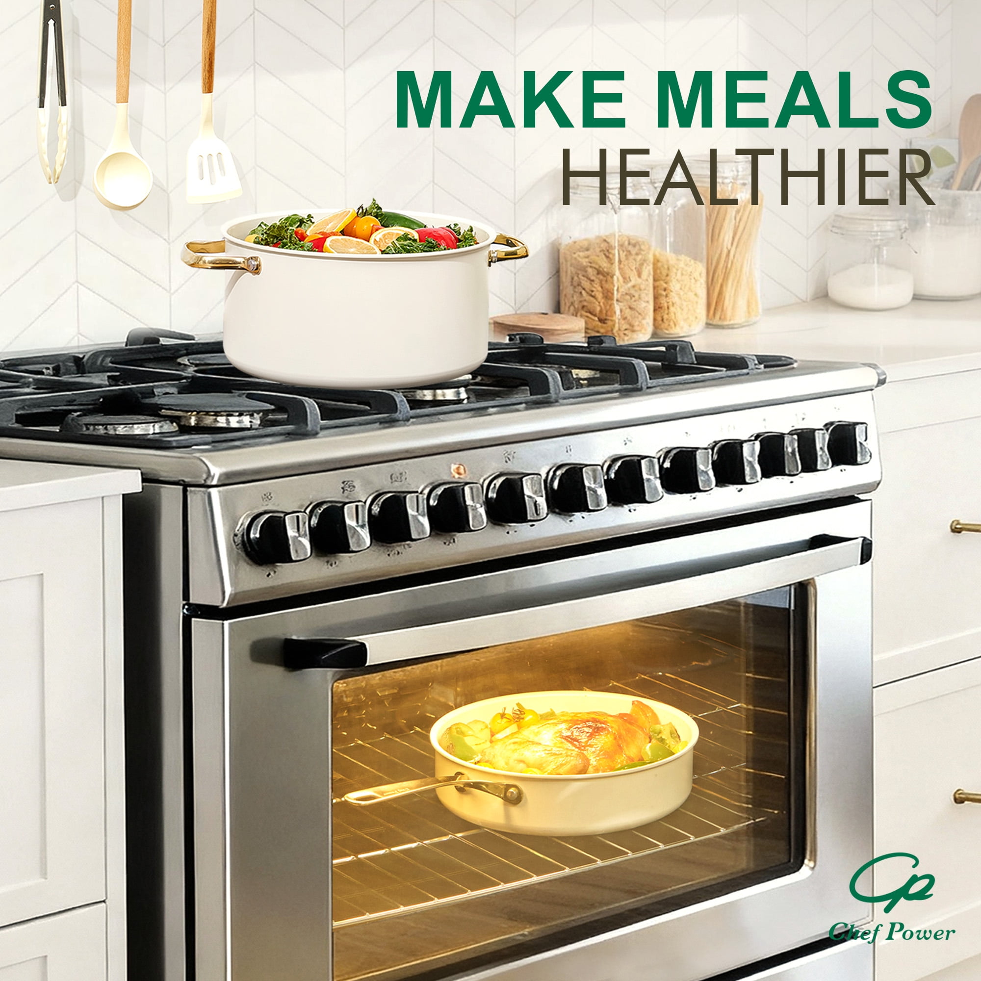 Chef Power 10 Pcs Ceramic Non Stick Cookware Sets, Pots and Pans Set with Stainless Steel Handle, Dishwasher and Oven Safe, Cream White with Light Gold Handle
