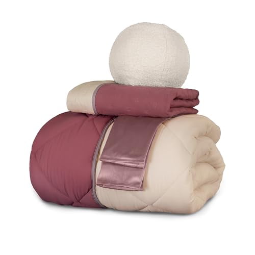 Vianney - Girona Queen Size Reversible Duvet Blanket Set - Beige and Rose Stylish Square Quilting - Lightweight Comforter with Coordinated Design for All-Season Warmth