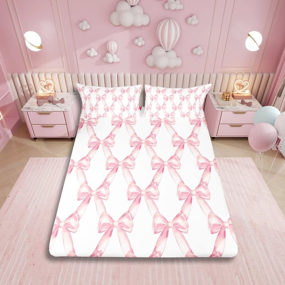 Ribbon Bow Bedding Set Teen Women,Pink Girly Bowknot Sheet Set Full Cute Fantasy Princess Bed Sheets Kawaii Bow Tie 1 Fitted Sheet 1 Flat Sheet 2 Pillow Cases