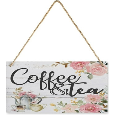 12x6 Inch Coffee And Tea Pink Floral Hanging Printed Wall Plaque Sign Decor,Rustic Wooden Sign Decorations For Home Kitchen Office Coffee And Tea Bar Wall Decor