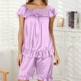 thumbnail image 3 of FAIWAD Womens Satin Pajama Sets Ruffle Hem Short Sleeve Tops with Shorts Pjs Set Casual Sleepwear Soft Loungewear, 3 of 5