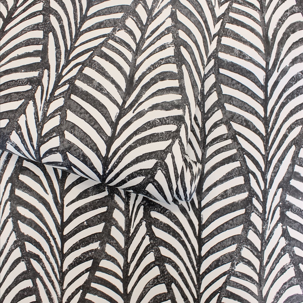 Tempaper Block Print Leaves Black Peel and Stick Wallpaper, 20.5" x 16.5'