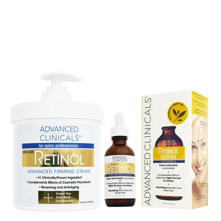 Advanced Clinicals 2 piece retinol skin care set. 16oz Spa Size Retinol Firming Cream and 1.75oz Retinol Serum for wrinkles, fine lines, age