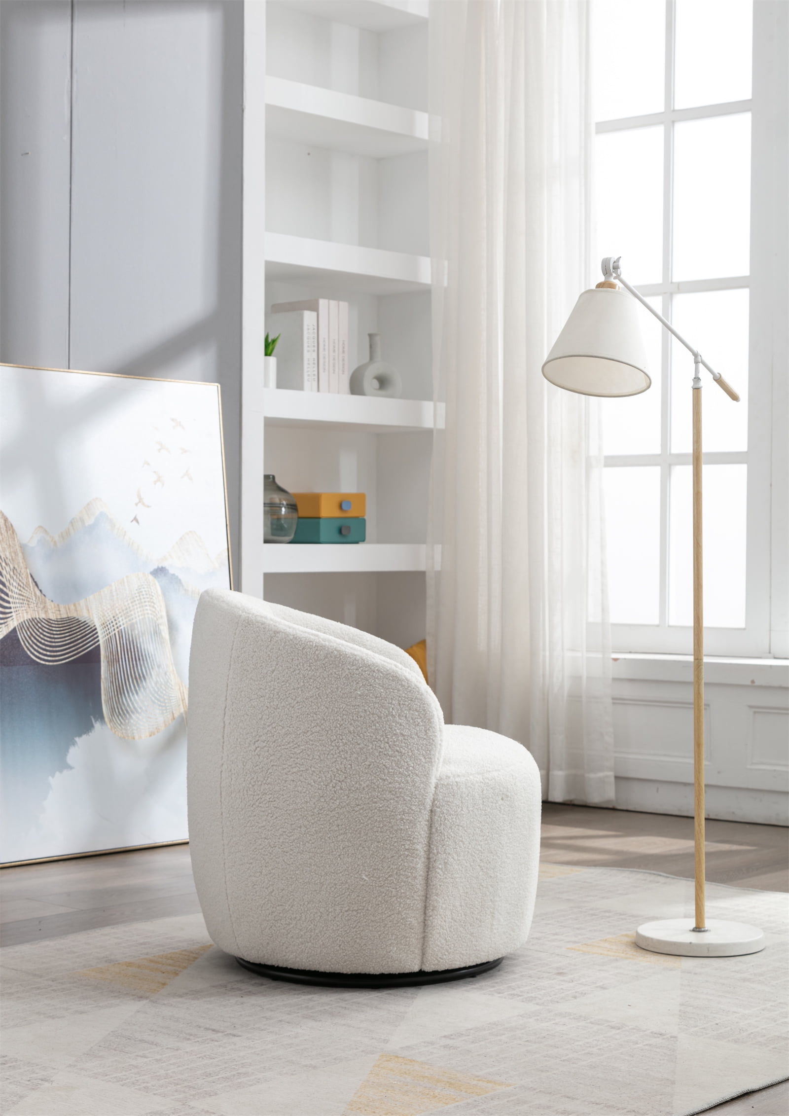 Swivel Barrel Chair, Modern Teddy Fabric Upholstered Accent Club Armchair with Metal Swivel Ring, Comfy Round Single Leisure Sofa Chair for Living Room Bedroom Office Coffee Shop, Ivory