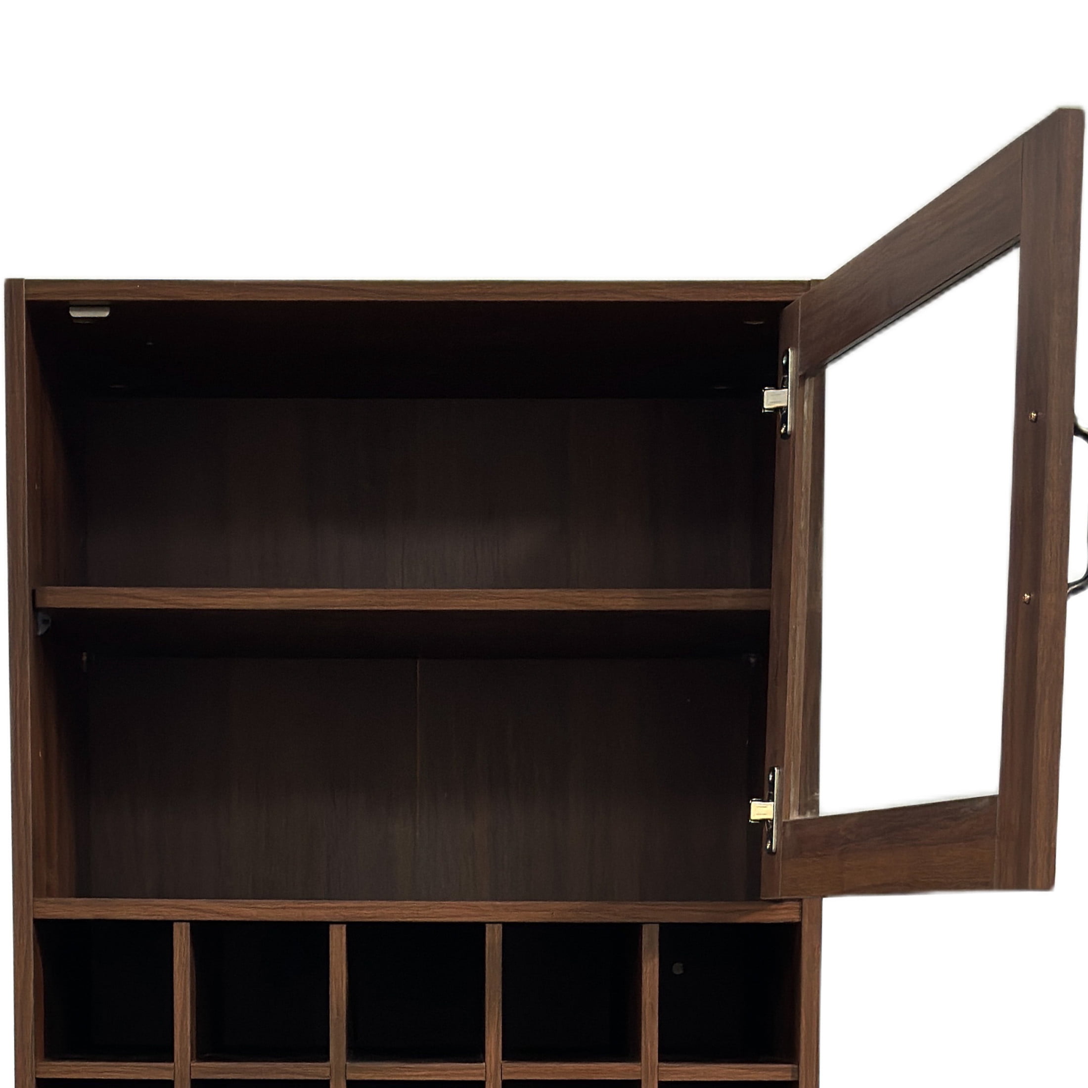 Noble House 70.87" Farmhouse Kitchen Pantry Cabinet with Glass Doors, 10-Bottle Wine Rack & Pull-Out Shelf, Walnut