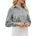thumbnail image 4 of INSPIRE CHIC Women's Satin Striped Shirt Button Down Long Sleeve Office Blouse S Black White, 4 of 5