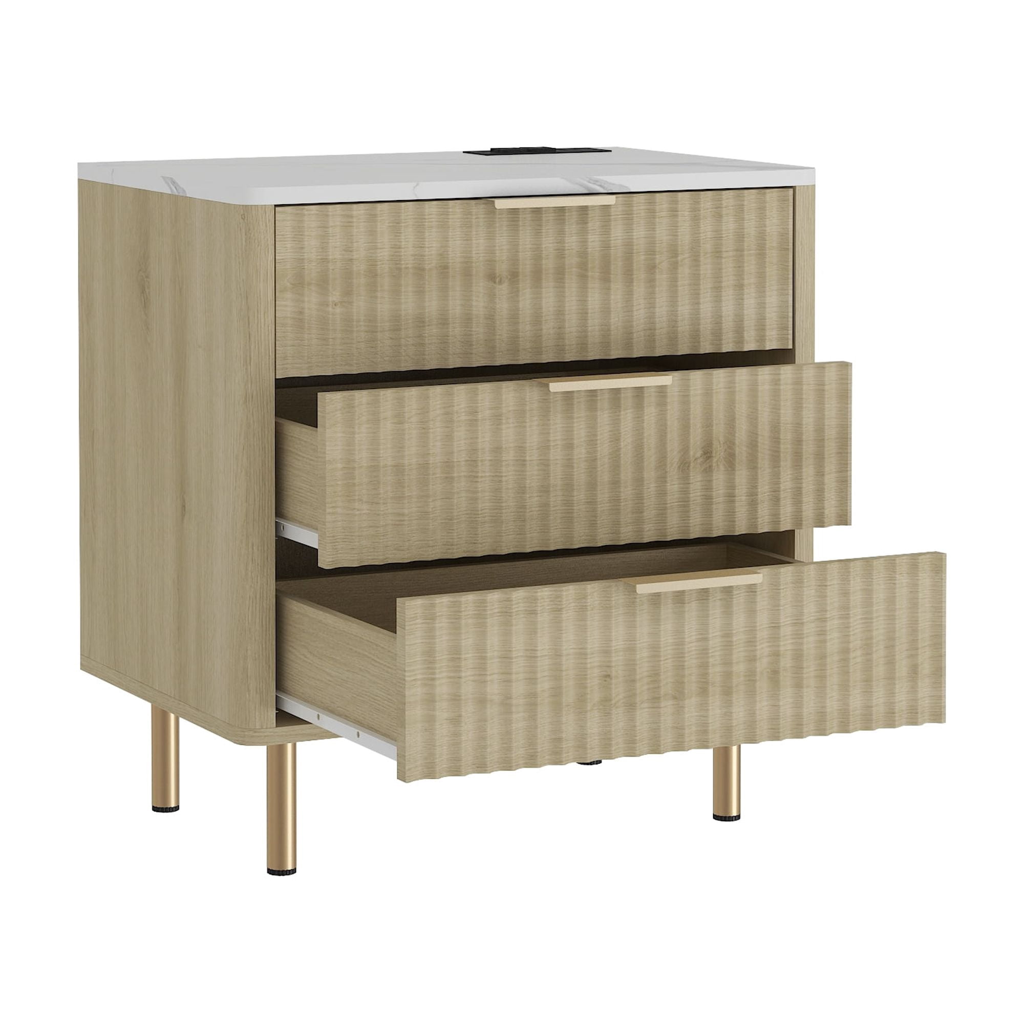 Aukfa Smart 3 Drawer Nightstand with Charging Station, Side Table with Voice-Controlled 7-Color LED Light,Natural