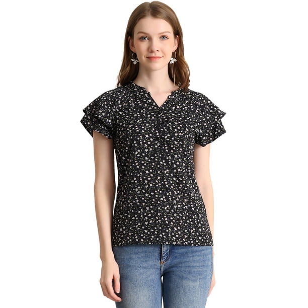 Blusa Informal Con Cuello En V Y Manga De Casquillo Superior Con Estampado Floral Para Mujer Negro L