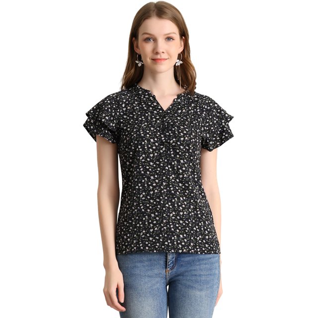Blusa Informal Con Cuello En V Y Manga De Casquillo Superior Con Estampado Floral Para Mujer Negro XL