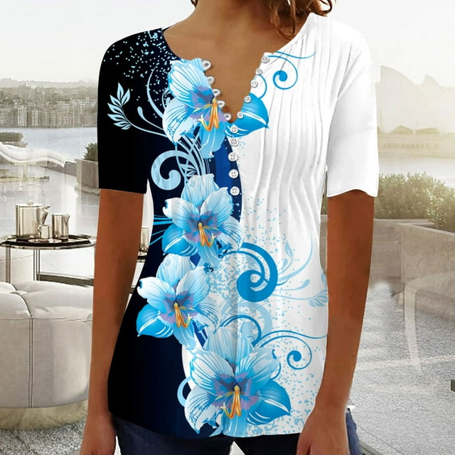 LSLJS T-Shirts pour Femmes Mode Décontractée Col Rond Plissé Couleur Unie Bouton Haut Blouse