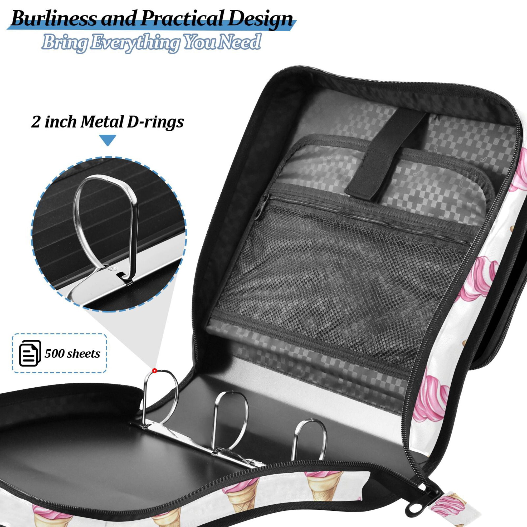 FORMRS Zipper Binder with Shoulder Strap 2-inch Ring 500 Sheet Capacity File Bag, Pink Cartoon Ice Cream