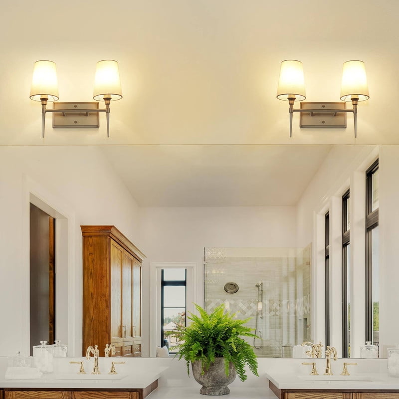 LNC 2-Light Gold and White Fabric Modern/Contemporary Bathroom Vanity Light Bar