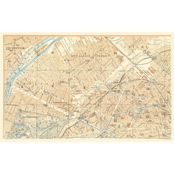 Historic Map - Paris France Courbevoie Clichy - Baedeker 1911 - 36.33 x 23 - Vintage Wall Art